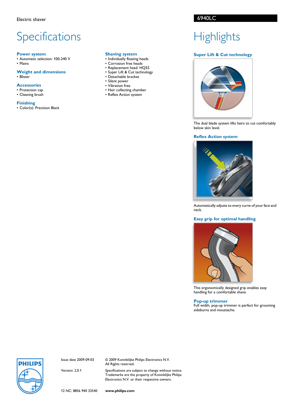 Specifications, Highlights, 6940lc | Philips 6940LC User Manual | Page 2 / 2