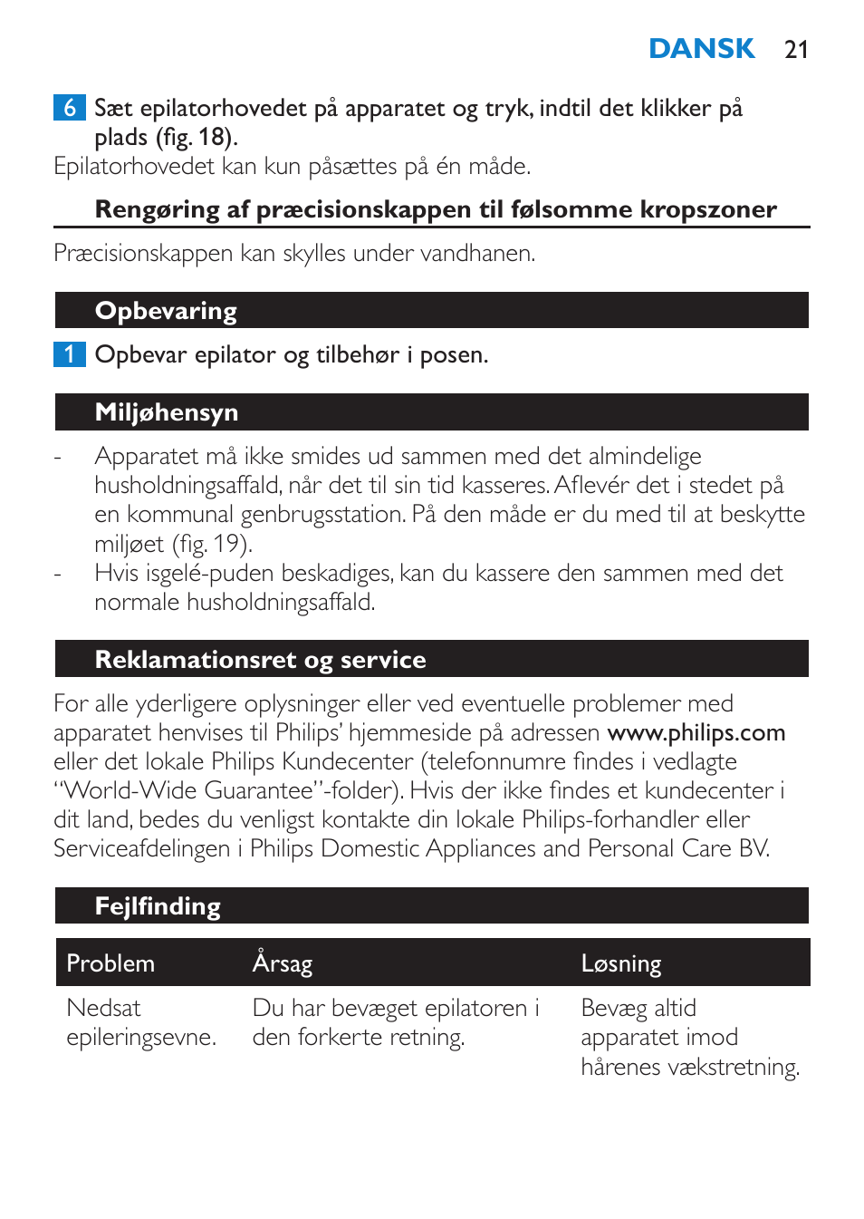 Opbevaring, Miljøhensyn, Reklamationsret og service | Fejlfinding | Philips Satinelle ICE User Manual | Page 21 / 96