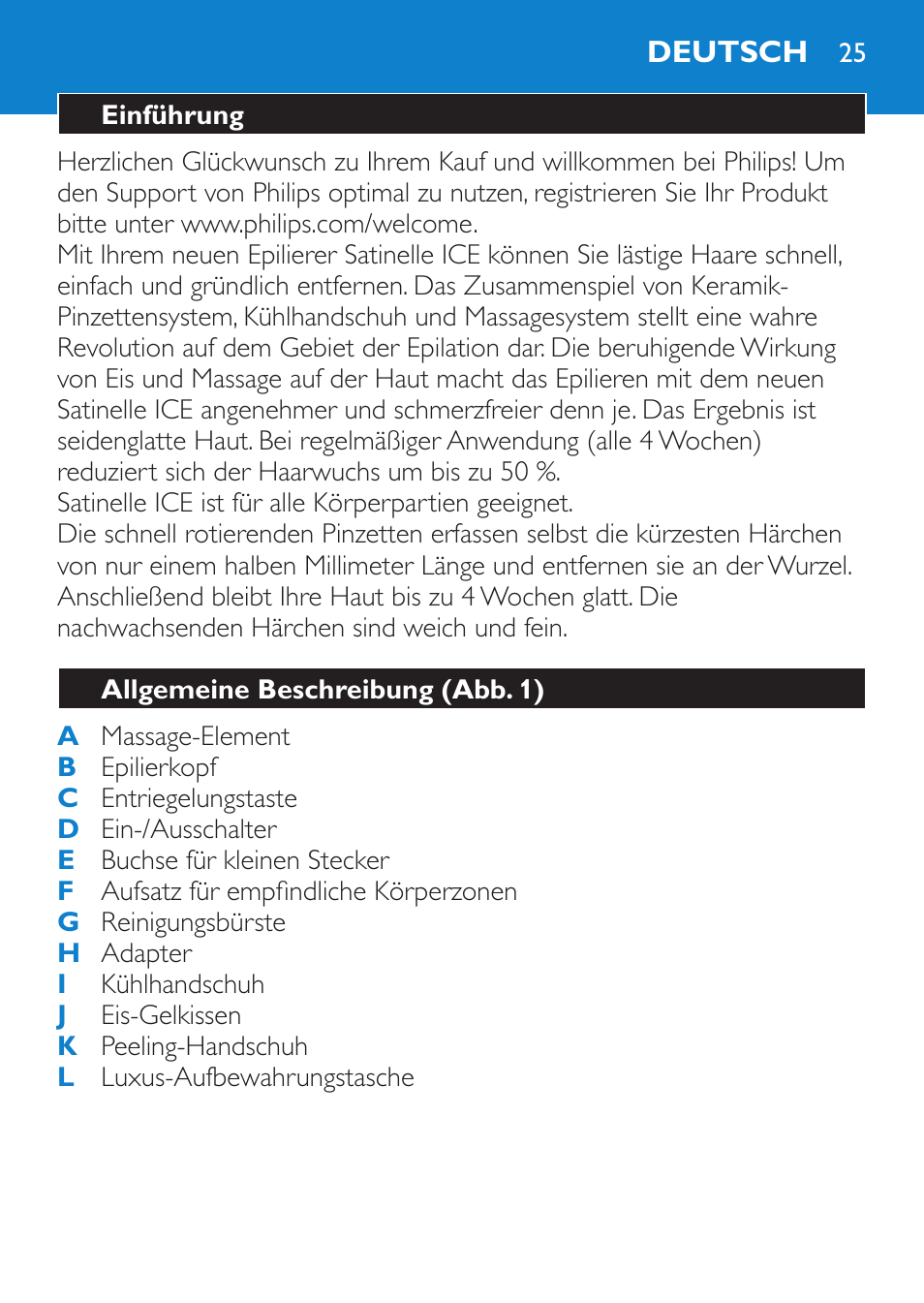 Deutsch, Einführung, Allgemeine beschreibung (abb. 1) | Wichtig | Philips Satinelle ICE User Manual | Page 25 / 96