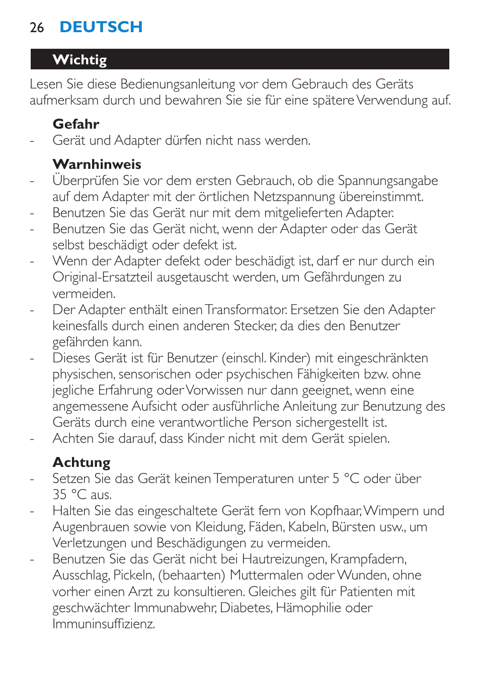 Gefahr, Warnhinweis, Achtung | Philips Satinelle ICE User Manual | Page 26 / 96