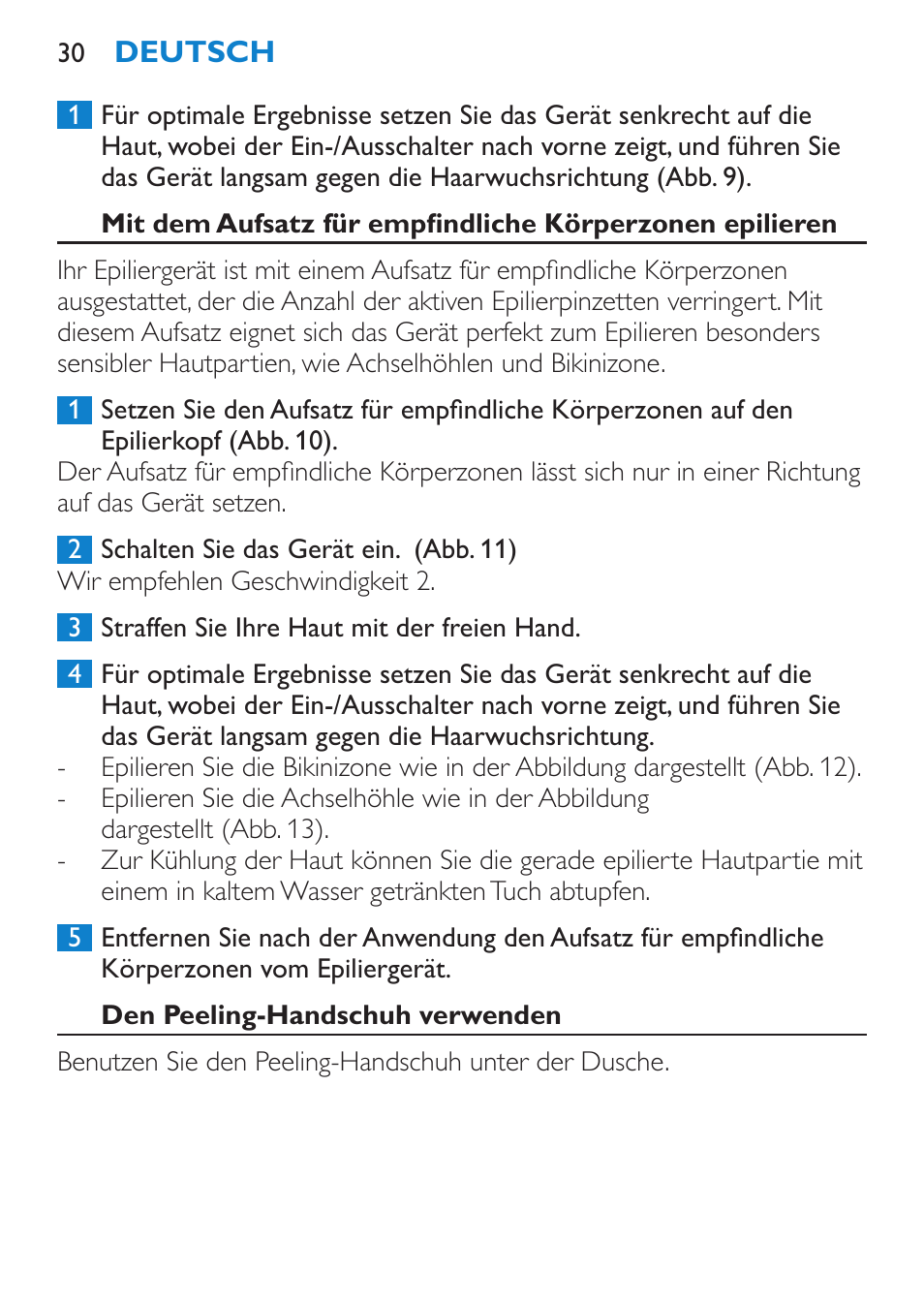 Den peeling-handschuh verwenden, Reinigung und wartung | Philips Satinelle ICE User Manual | Page 30 / 96