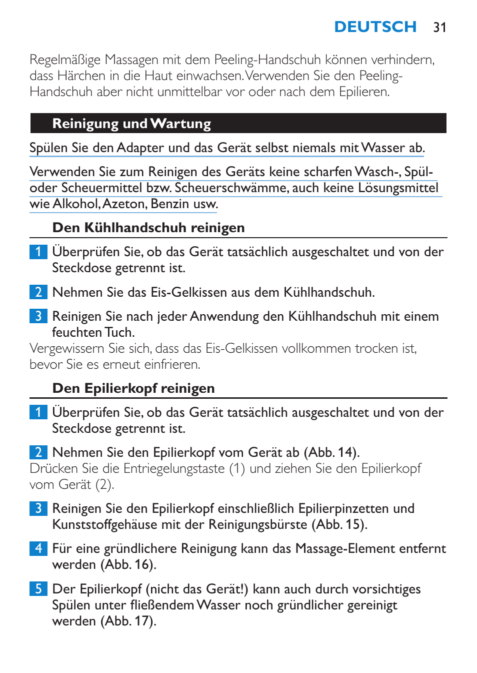 Den kühlhandschuh reinigen, Den epilierkopf reinigen | Philips Satinelle ICE User Manual | Page 31 / 96