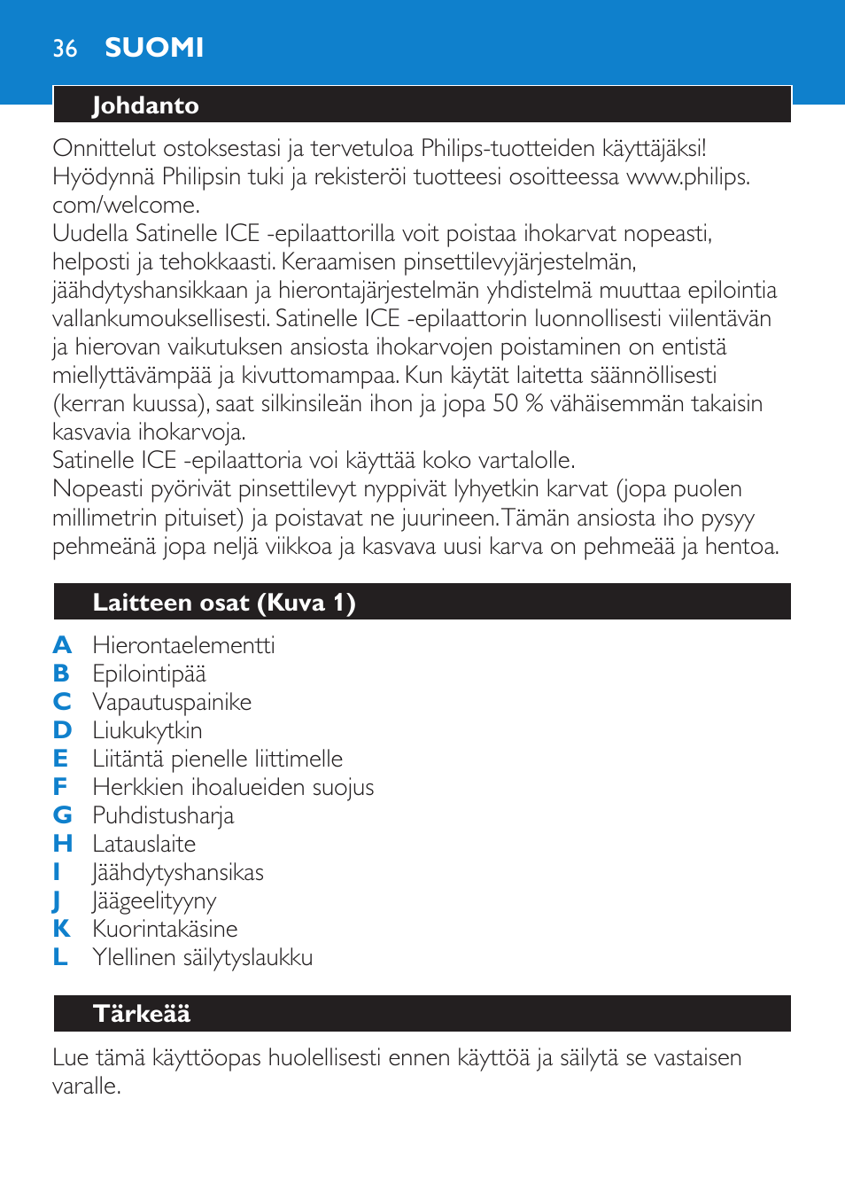 Suomi, Johdanto, Laitteen osat (kuva 1) | Tärkeää | Philips Satinelle ICE User Manual | Page 36 / 96