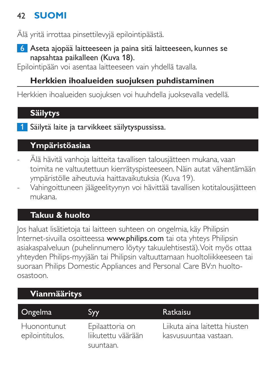 Herkkien ihoalueiden suojuksen puhdistaminen, Säilytys, Ympäristöasiaa | Takuu & huolto, Vianmääritys | Philips Satinelle ICE User Manual | Page 42 / 96