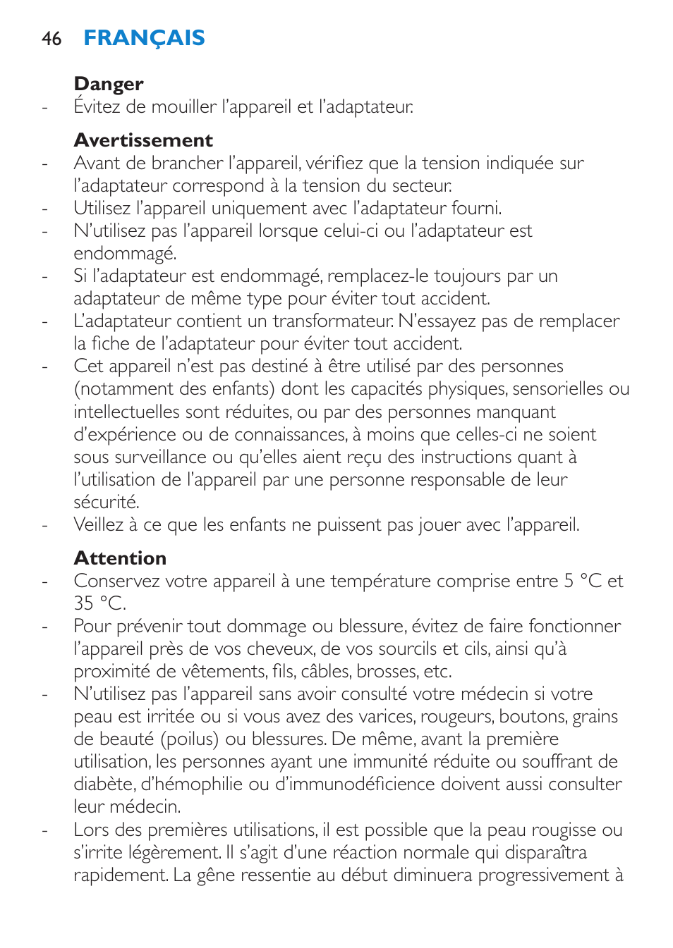 Danger, Avertissement, Attention | Philips Satinelle ICE User Manual | Page 46 / 96