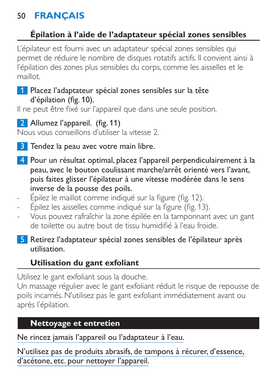 Utilisation du gant exfoliant, Nettoyage et entretien | Philips Satinelle ICE User Manual | Page 50 / 96