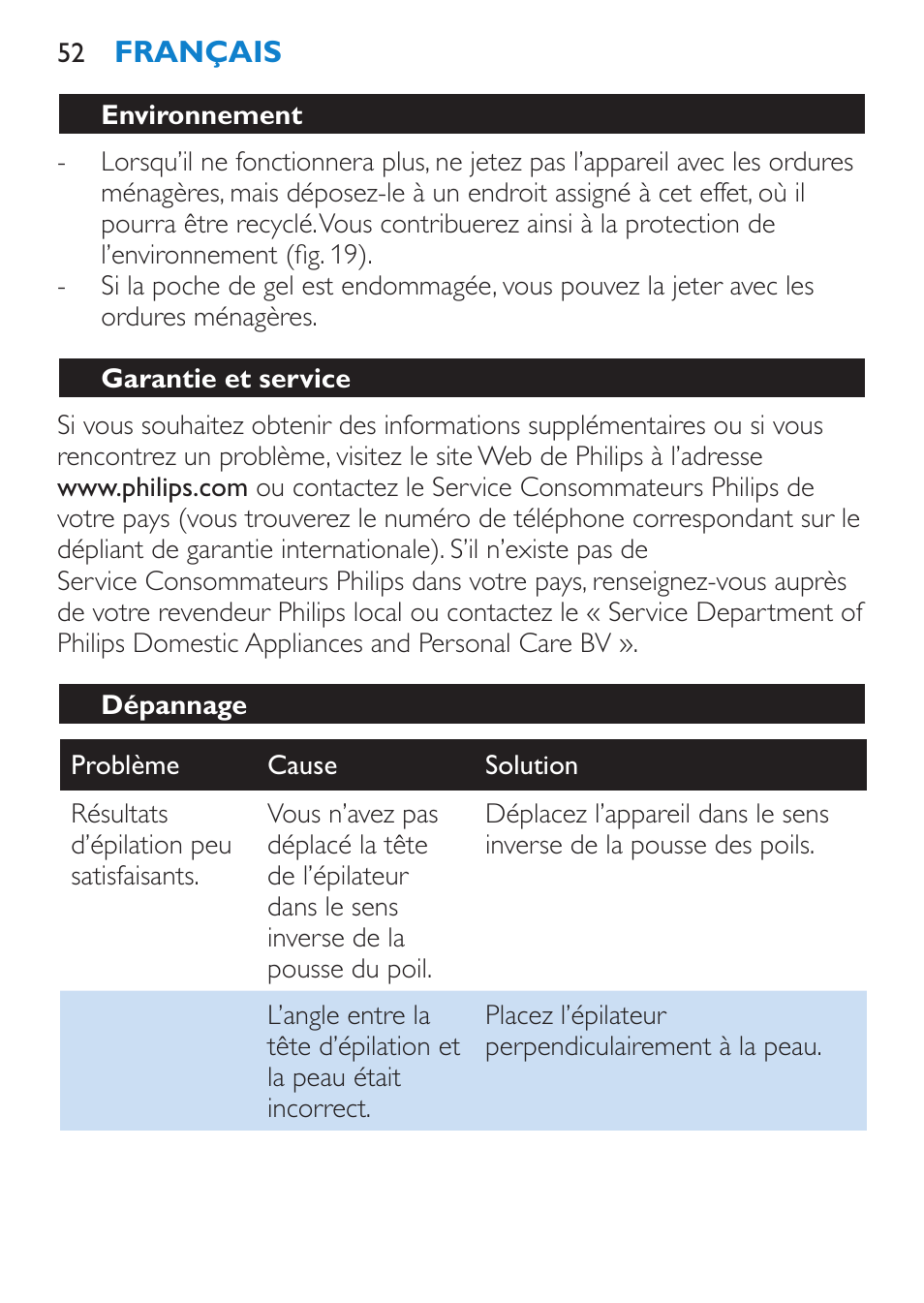 Environnement, Garantie et service, Dépannage | Philips Satinelle ICE User Manual | Page 52 / 96