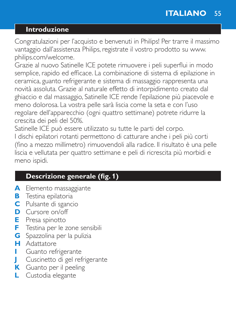 Italiano, Introduzione, Descrizione generale (fig. 1) | Importante | Philips Satinelle ICE User Manual | Page 55 / 96