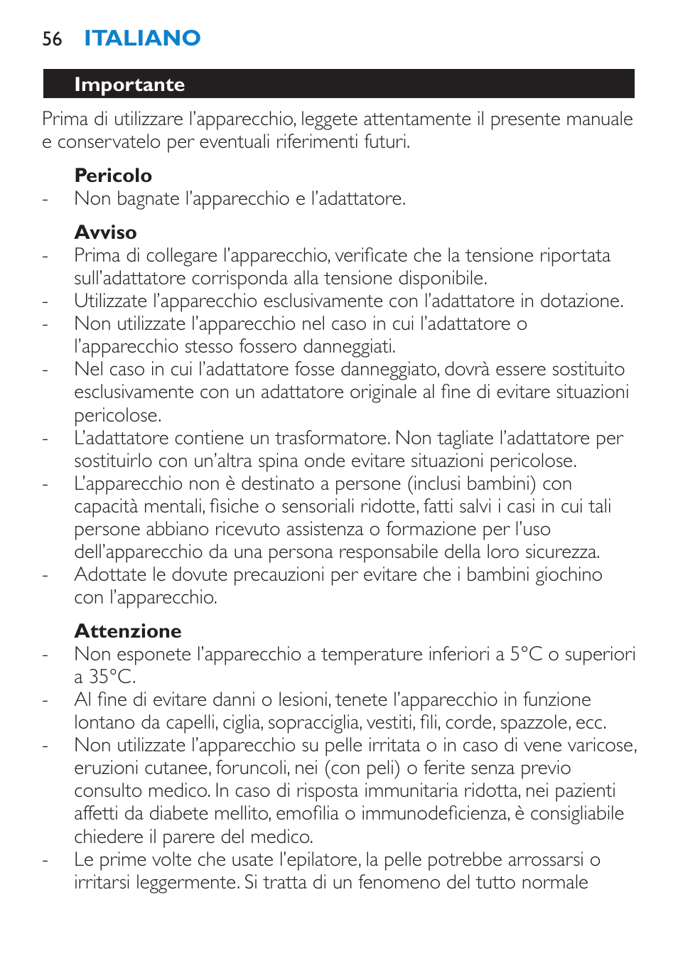 Pericolo, Avviso, Attenzione | Philips Satinelle ICE User Manual | Page 56 / 96