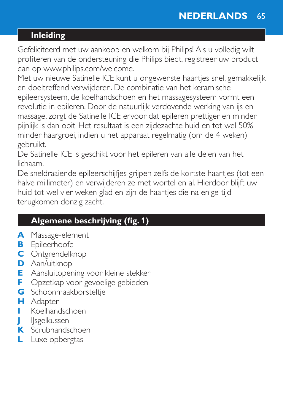 Nederlands, Inleiding, Algemene beschrijving (fig. 1) | Philips Satinelle ICE User Manual | Page 65 / 96