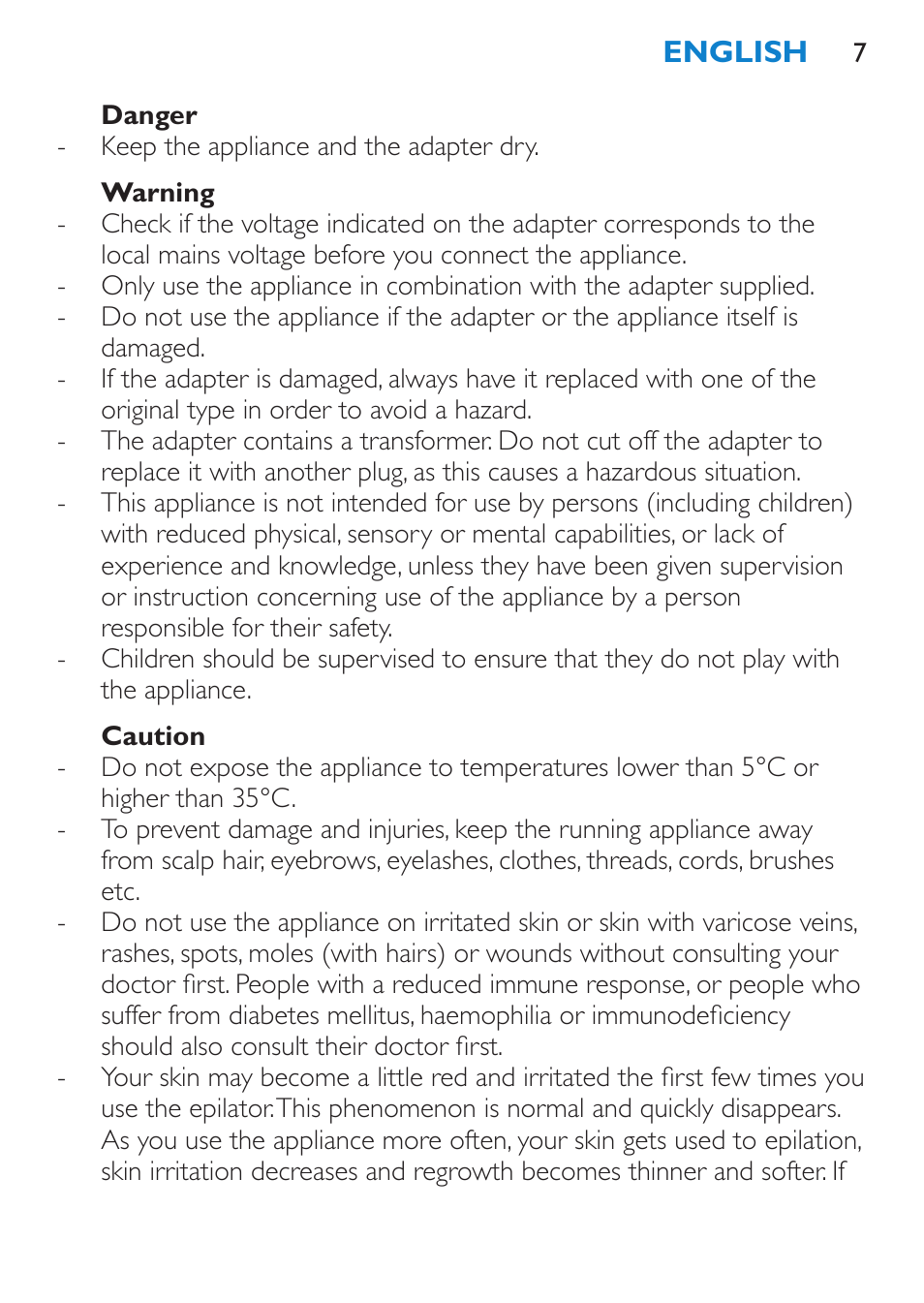 Danger, Warning, Caution | Philips Satinelle ICE User Manual | Page 7 / 96