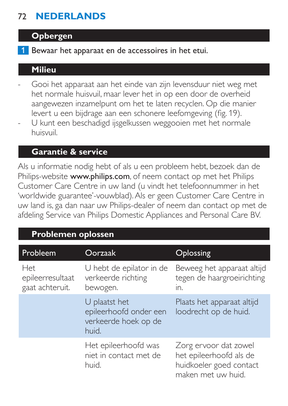 Opbergen, Milieu, Garantie & service | Problemen oplossen | Philips Satinelle ICE User Manual | Page 72 / 96