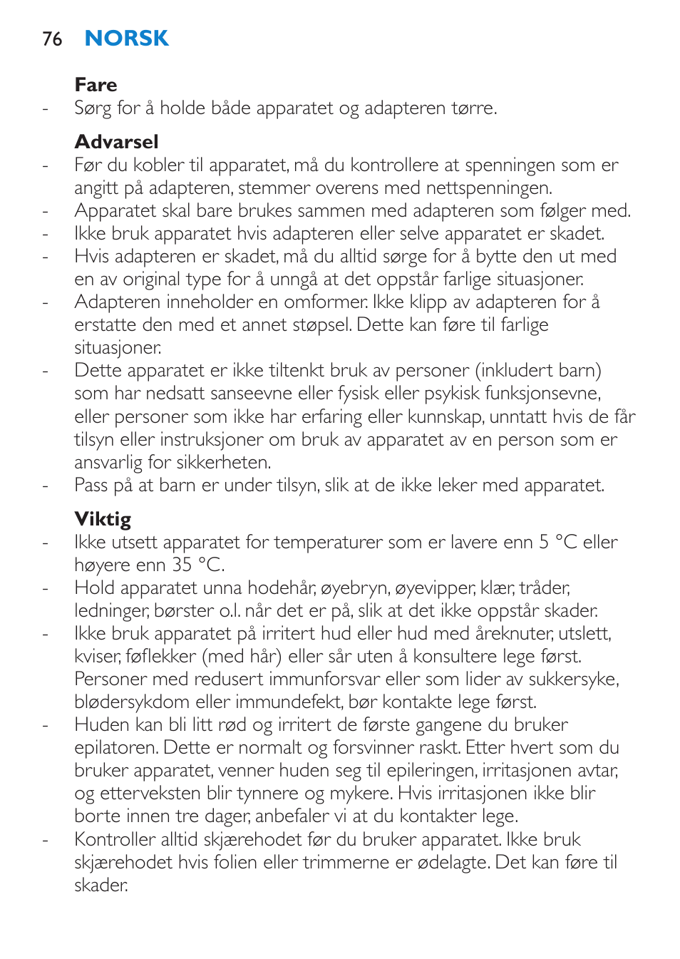 Fare, Advarsel, Viktig | Philips Satinelle ICE User Manual | Page 76 / 96