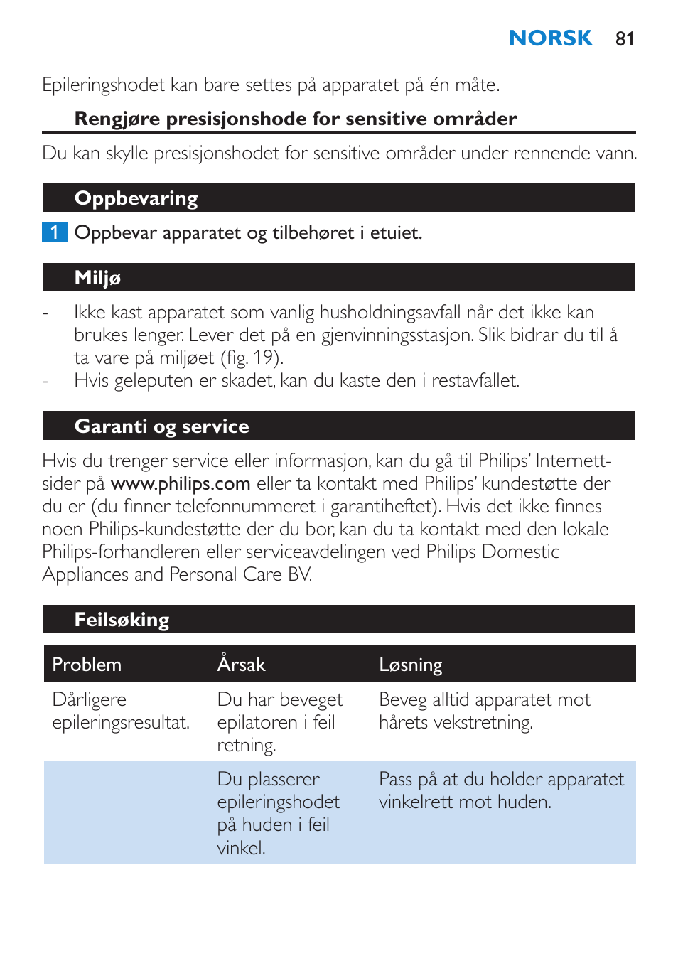 Rengjøre presisjonshode for sensitive områder, Oppbevaring, Miljø | Garanti og service, Feilsøking | Philips Satinelle ICE User Manual | Page 81 / 96