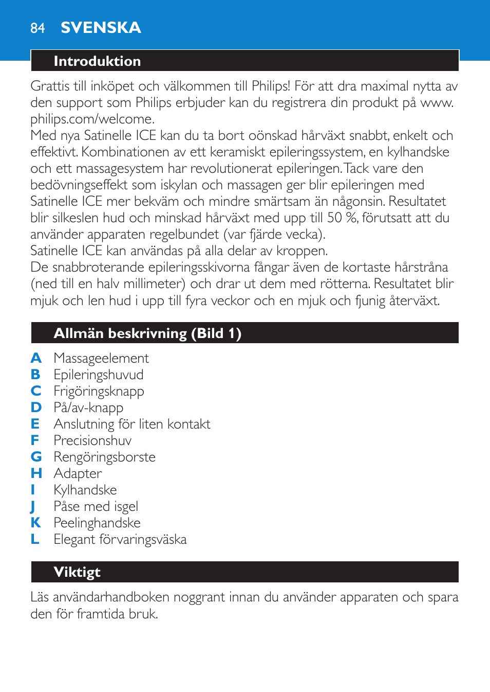 Svenska, Introduktion, Allmän beskrivning (bild 1) | Viktigt | Philips Satinelle ICE User Manual | Page 84 / 96