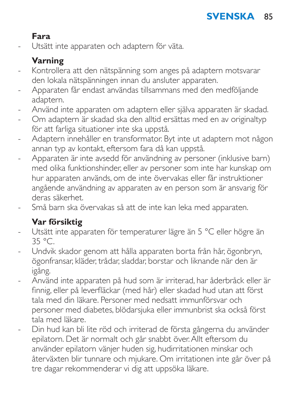 Fara, Varning, Var försiktig | Philips Satinelle ICE User Manual | Page 85 / 96