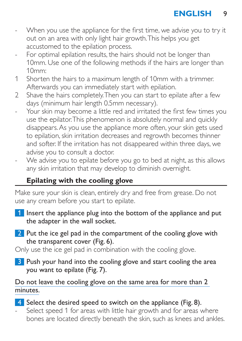 Epilating with the cooling glove | Philips Satinelle ICE User Manual | Page 9 / 96