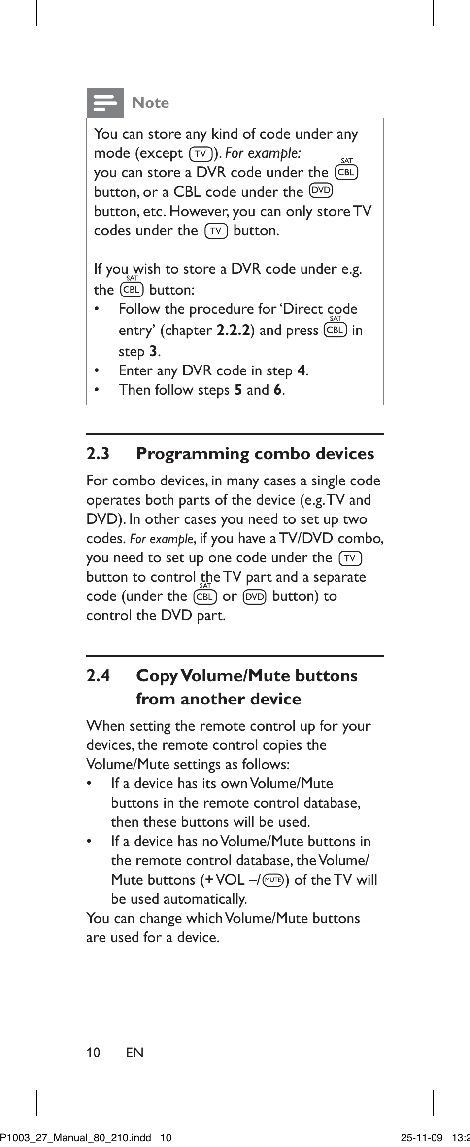 Note, 3 programming combo devices, 4 copy volume/mute buttons | From another device, 3 programmingcombodevices, Anotherdevice, 4 copy volume/mute buttons from another device | Philips Perfect SRP1003/27 User Manual | Page 10 / 60