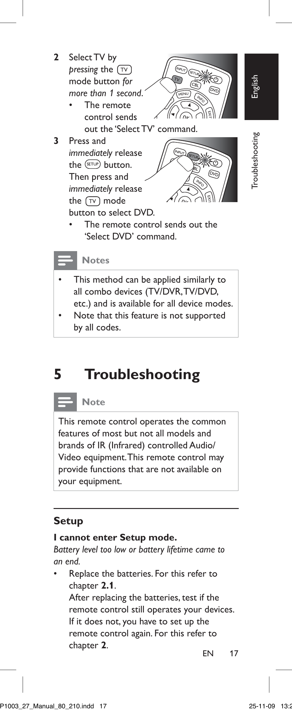 Notes, 5 troubleshooting, Note | Setup, Setup i cannot enter setup mode, En 17 | Philips Perfect SRP1003/27 User Manual | Page 17 / 60