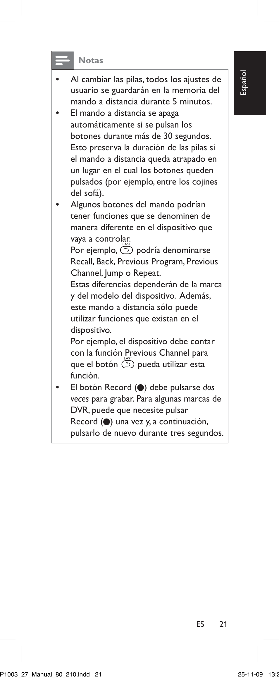 Notas, Es 21 | Philips Perfect SRP1003/27 User Manual | Page 21 / 60