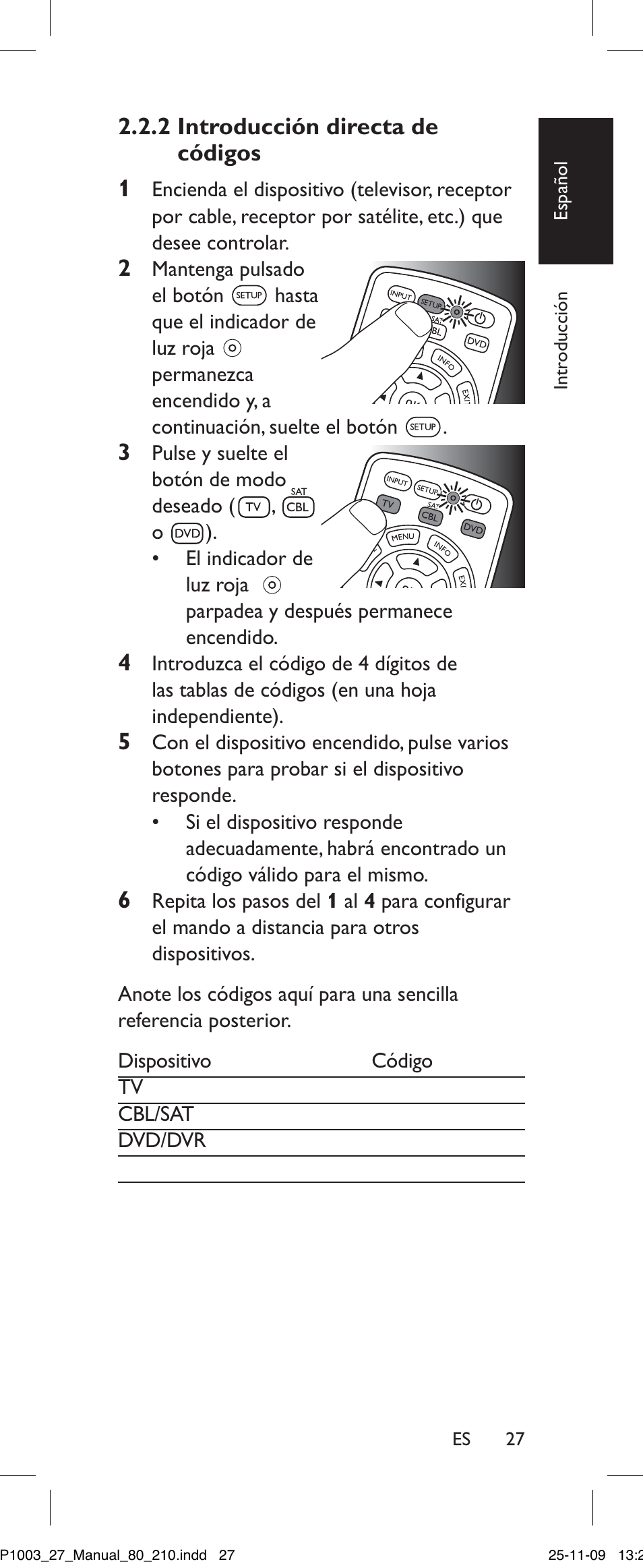 2 introducción directa de códigos, 2 introducción directa de códigos 1, Es 27 | Philips Perfect SRP1003/27 User Manual | Page 27 / 60