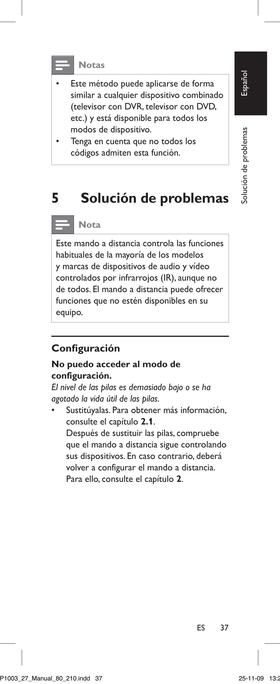 5 solución de problemas, Nota, Confíguración | Solución de problemas, Es 37 | Philips Perfect SRP1003/27 User Manual | Page 37 / 60