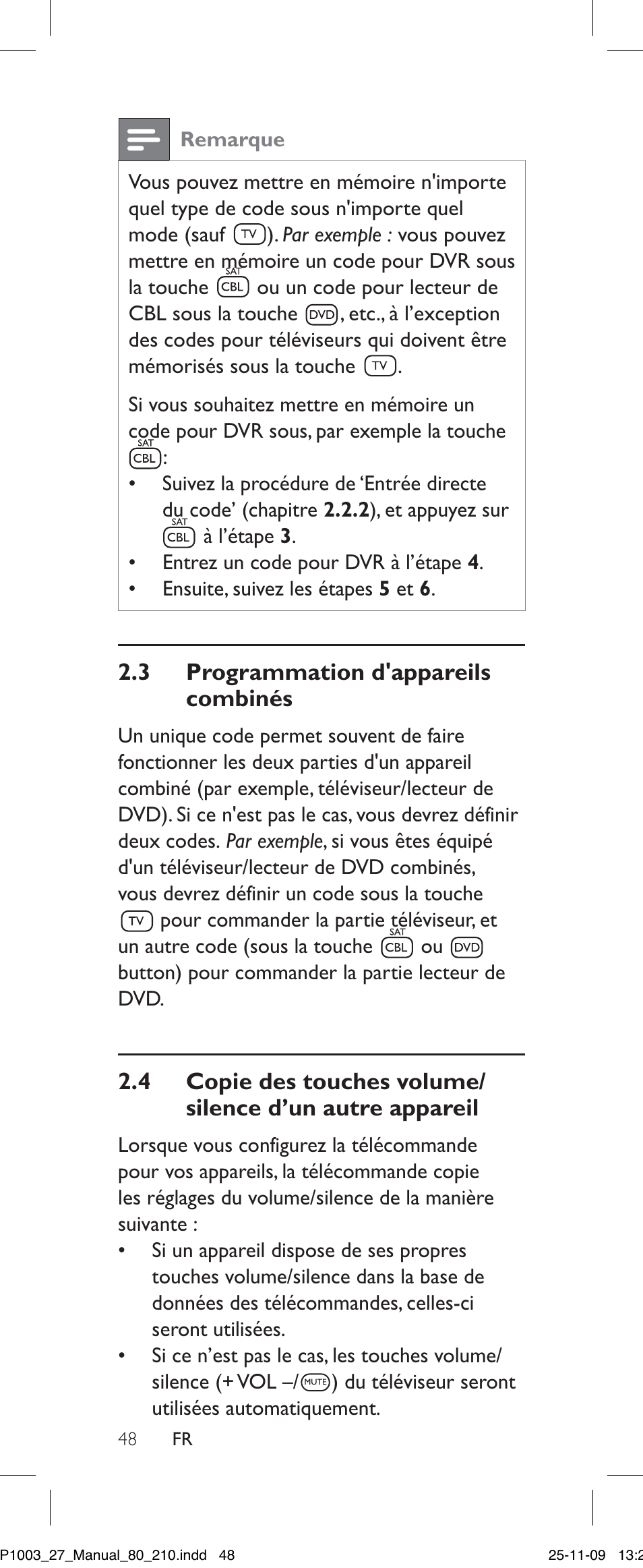 Remarque, 3 programmation d'appareils combinés | Philips Perfect SRP1003/27 User Manual | Page 48 / 60