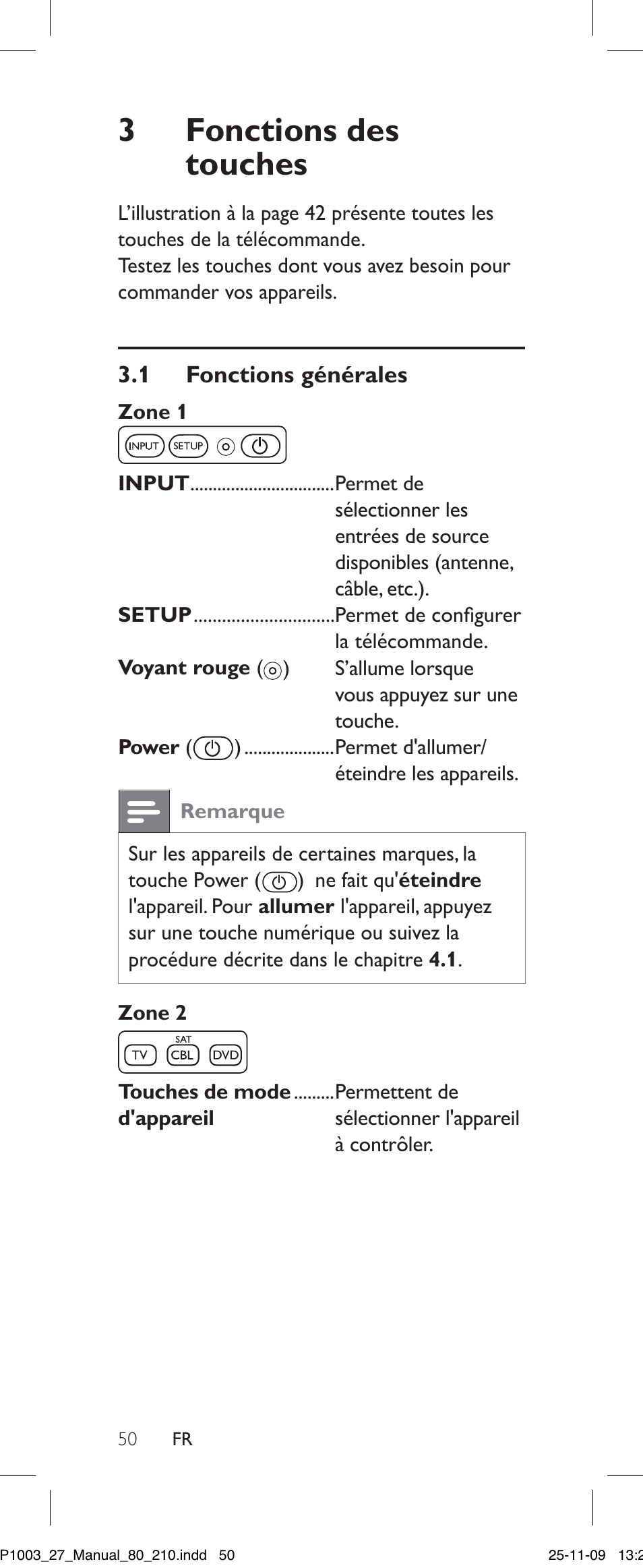 3 fonctions des touches, 1 fonctions générales zone 1, Zone 2 | Touches de mode. d'appareil, Fonctions des touches, 1 fonctions générales | Philips Perfect SRP1003/27 User Manual | Page 50 / 60