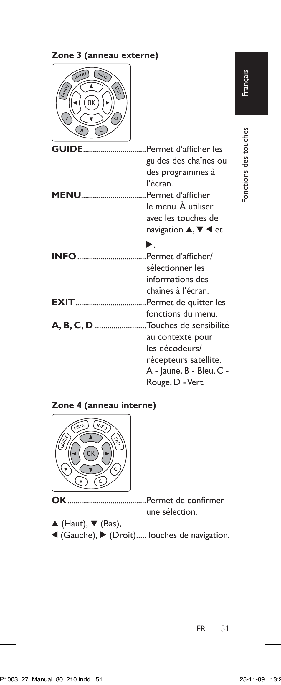 Zone 3 (anneau externe) guide, Menu, Info | Exit, A, b, c, d, Zone 4 (anneau interne) ok | Philips Perfect SRP1003/27 User Manual | Page 51 / 60