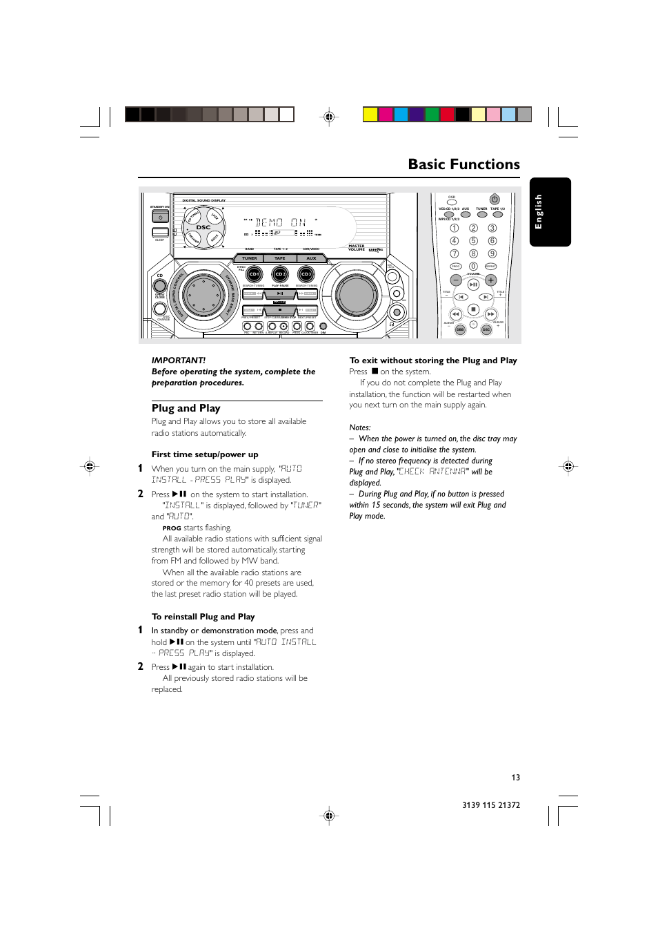 Basic functions, Plug and play | Philips FW-V355 User Manual | Page 13 / 34