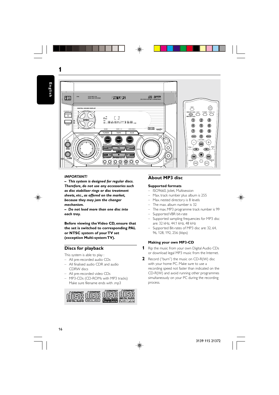 Discs for playback, About mp3 disc | Philips FW-V355 User Manual | Page 16 / 34