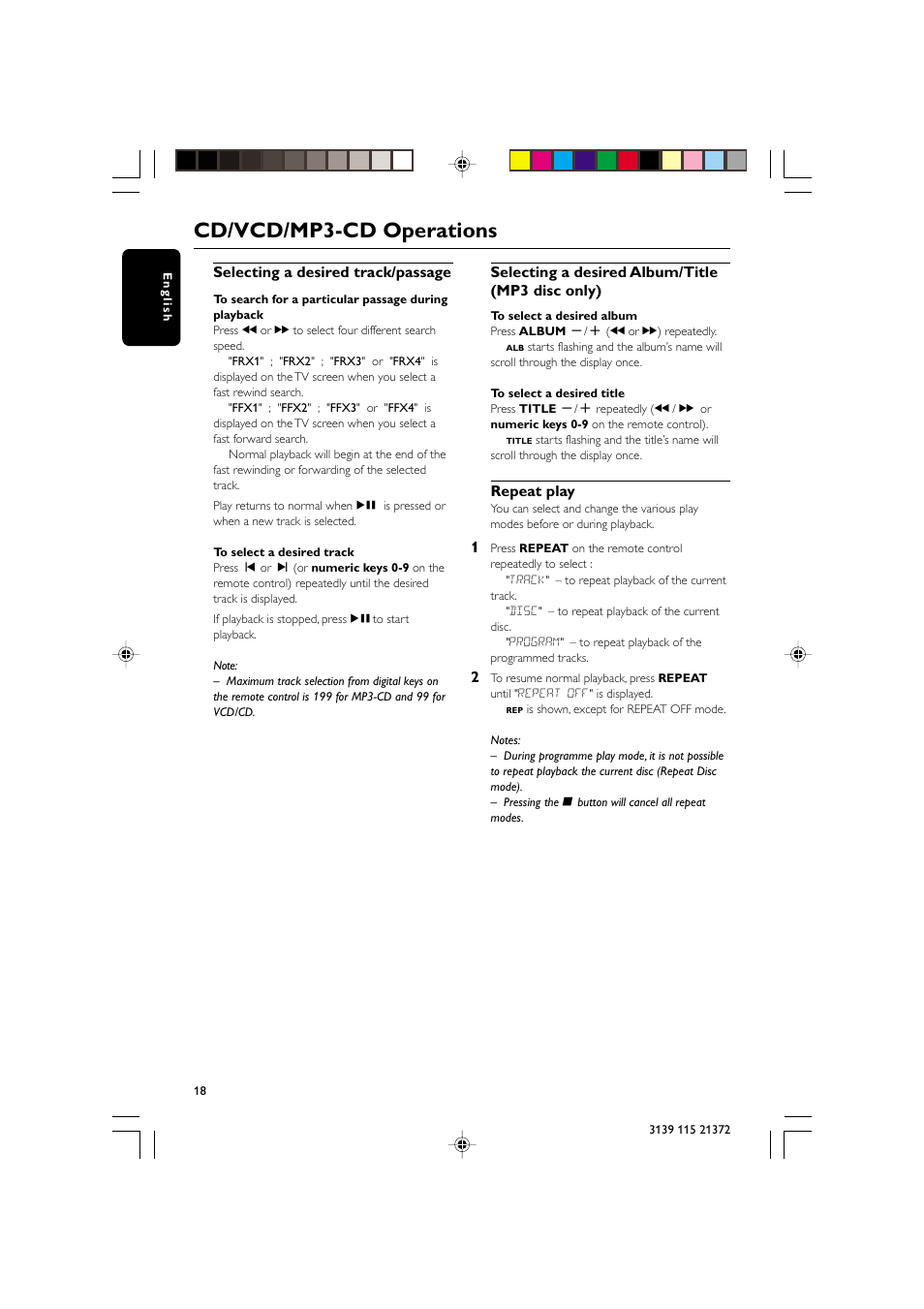 Cd/vcd/mp3-cd operations, Selecting a desired track/passage, Selecting a desired album/title (mp3 disc only) | Repeat play | Philips FW-V355 User Manual | Page 18 / 34