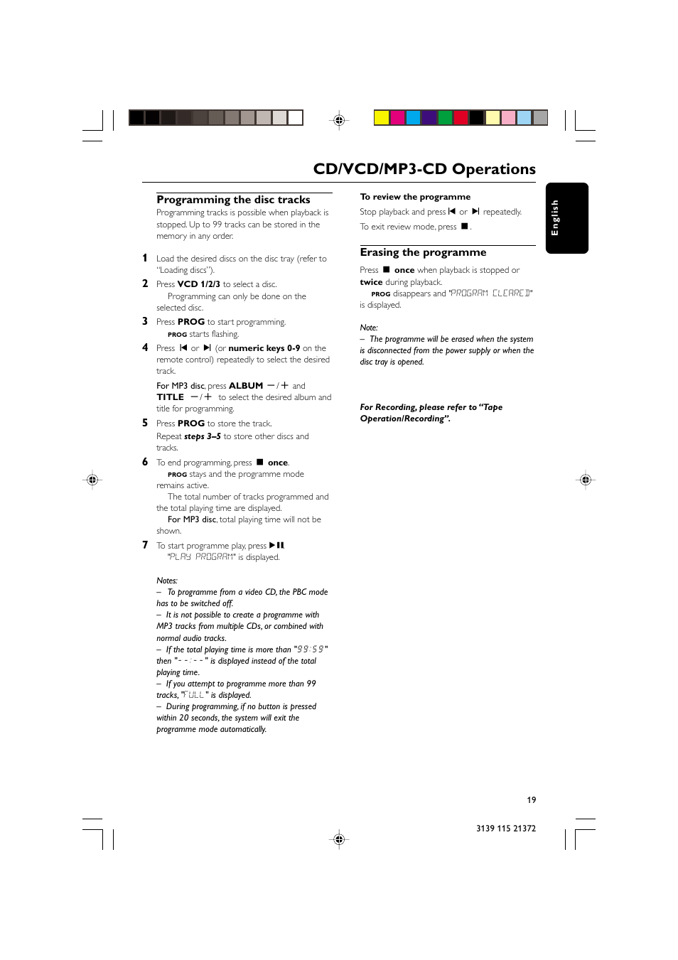 Cd/vcd/mp3-cd operations, Programming the disc tracks, Erasing the programme | Philips FW-V355 User Manual | Page 19 / 34