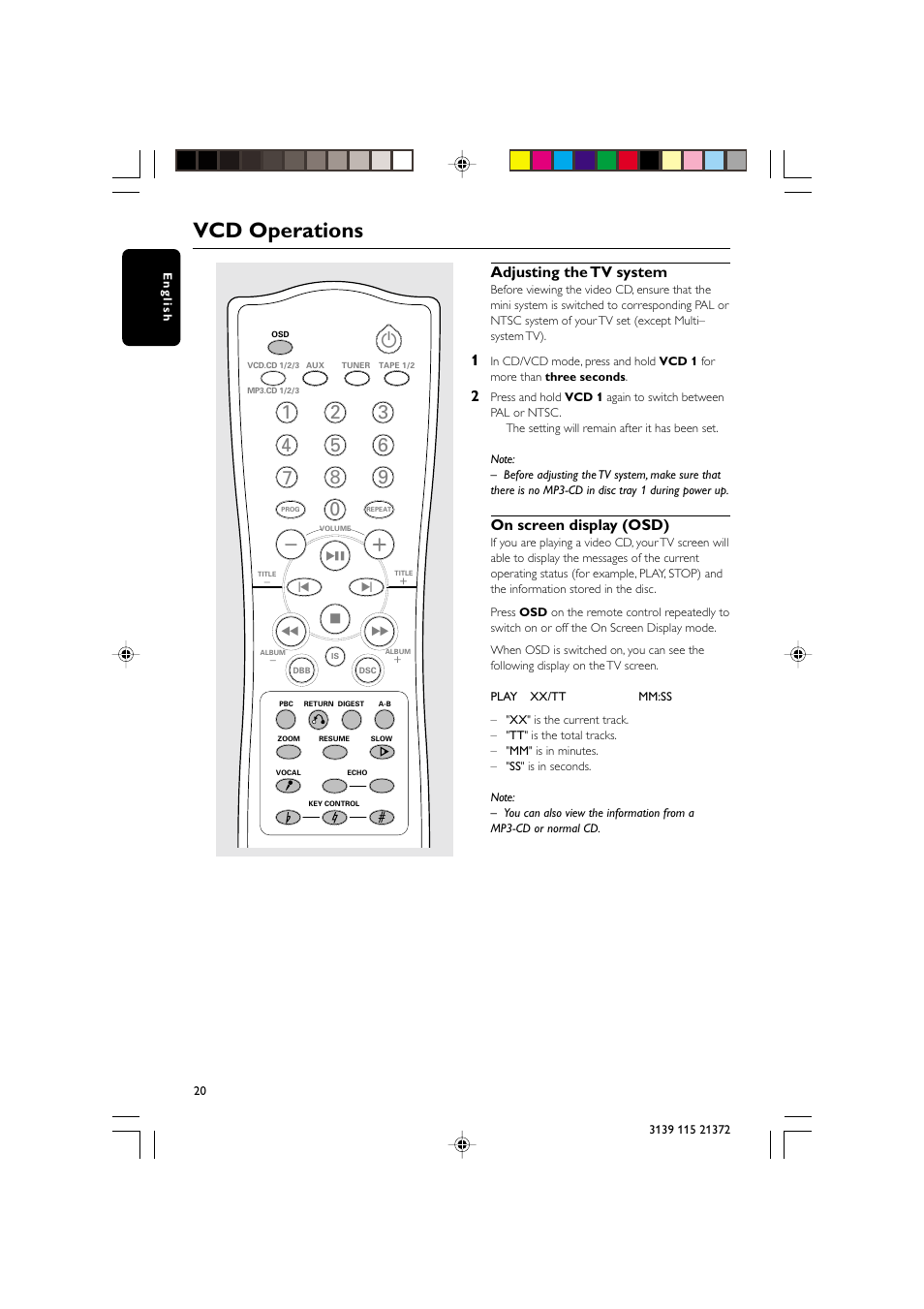 Vcd operations, Adjusting the tv system, On screen display (osd) | Philips FW-V355 User Manual | Page 20 / 34