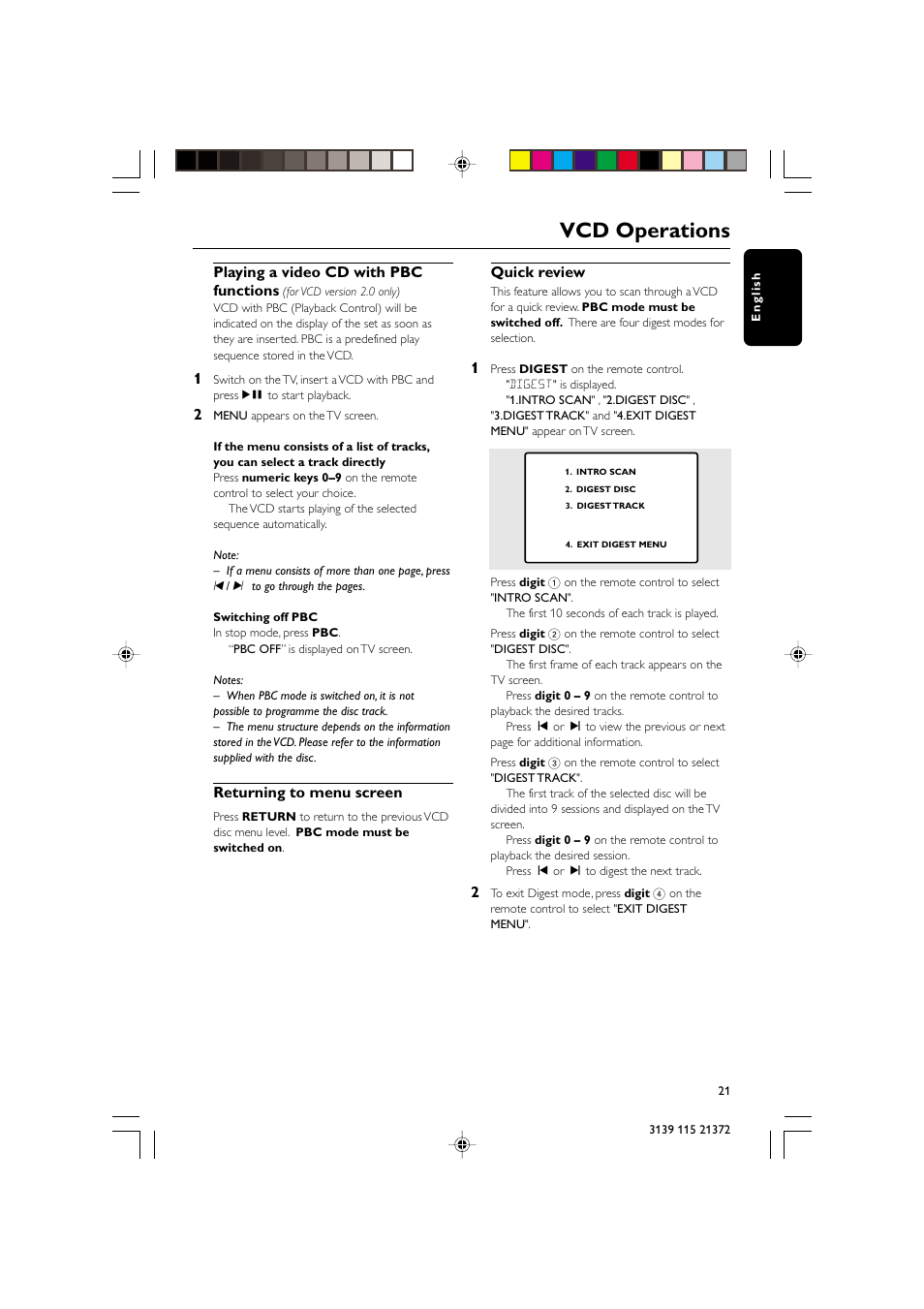 Vcd operations, Playing a video cd with pbc functions, Returning to menu screen | Quick review | Philips FW-V355 User Manual | Page 21 / 34