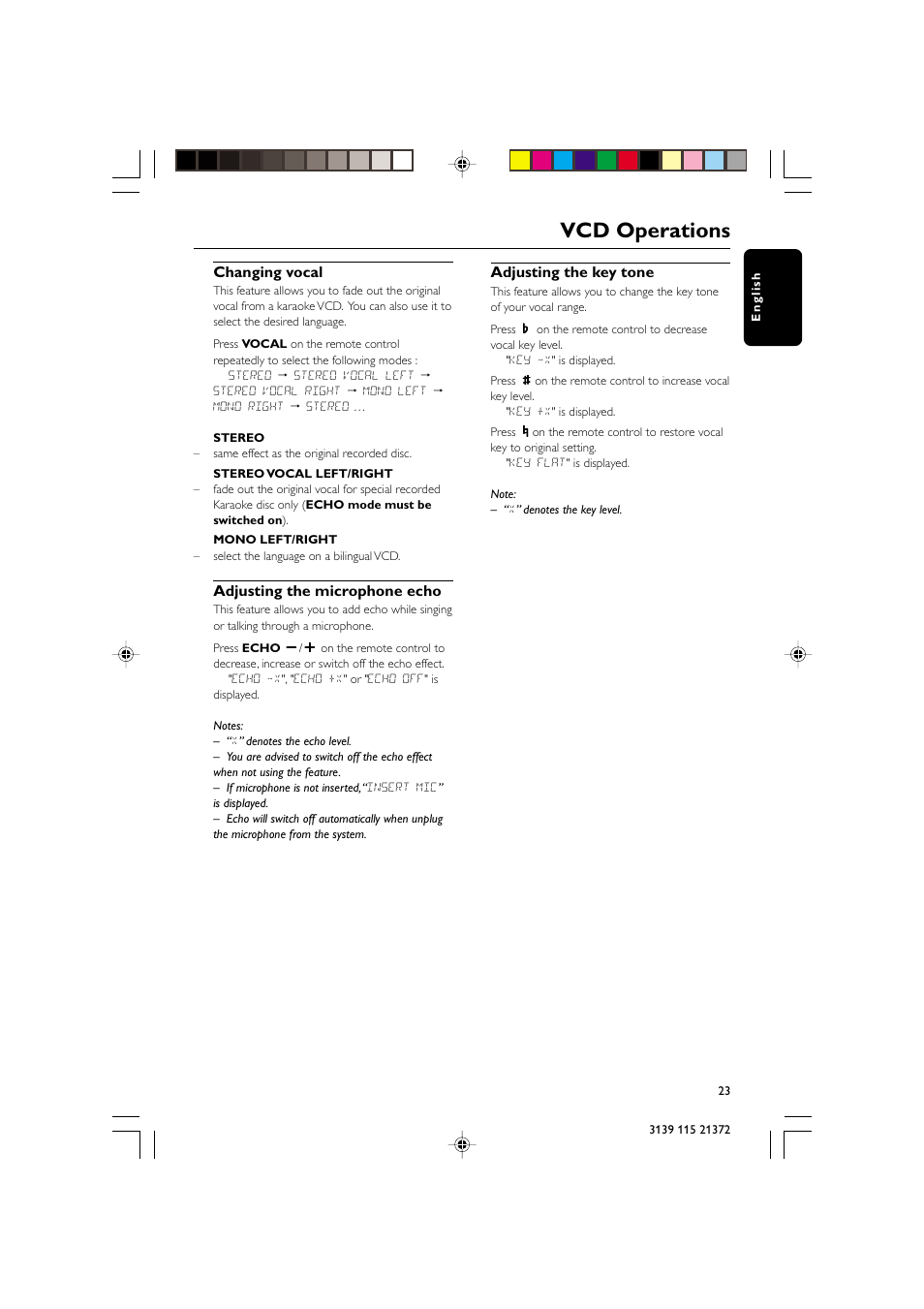 Vcd operations, Changing vocal, Adjusting the microphone echo | Adjusting the key tone | Philips FW-V355 User Manual | Page 23 / 34