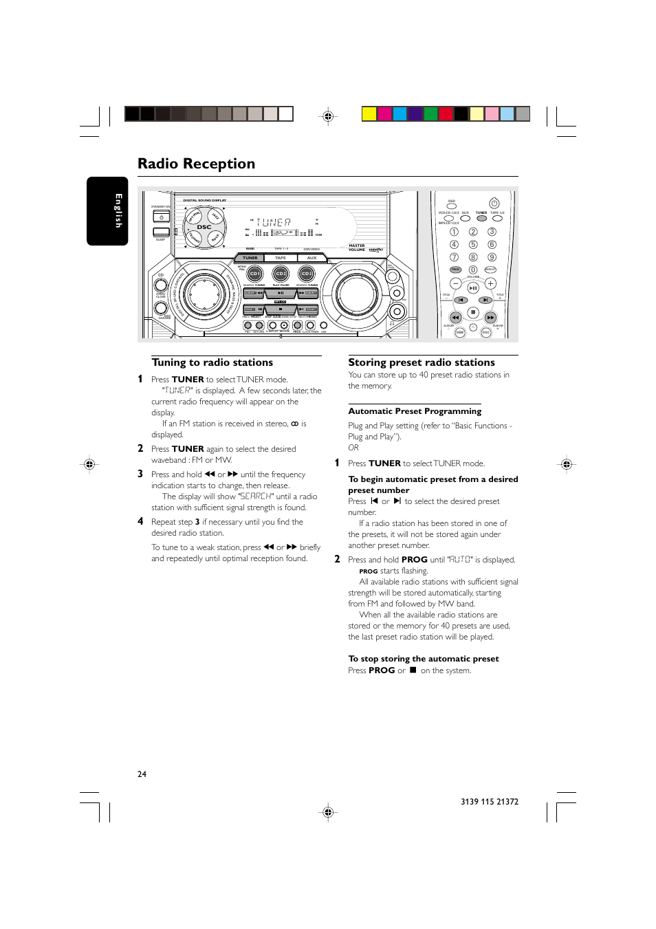 Radio reception, Tuning to radio stations 1, Storing preset radio stations | Press and hold prog until " auto" is displayed | Philips FW-V355 User Manual | Page 24 / 34