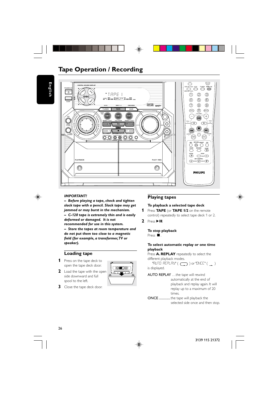 Tape operation / recording, Loading tape 1, Playing tapes | Press on the tape deck to open the tape deck door, Close the tape deck door | Philips FW-V355 User Manual | Page 26 / 34