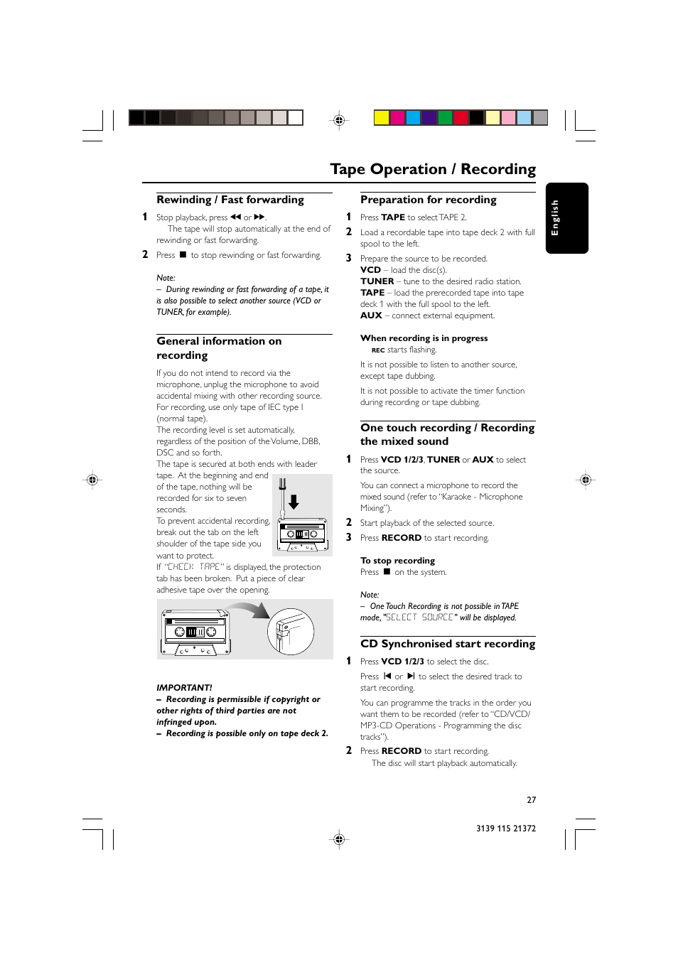 Tape operation / recording | Philips FW-V355 User Manual | Page 27 / 34