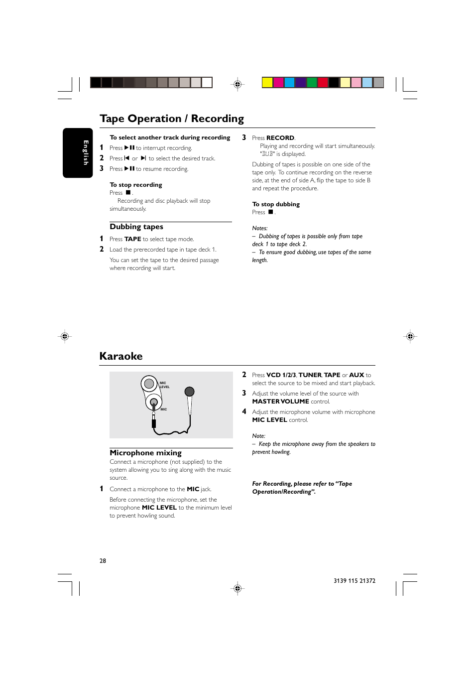 Tape operation / recording, Karaoke | Philips FW-V355 User Manual | Page 28 / 34