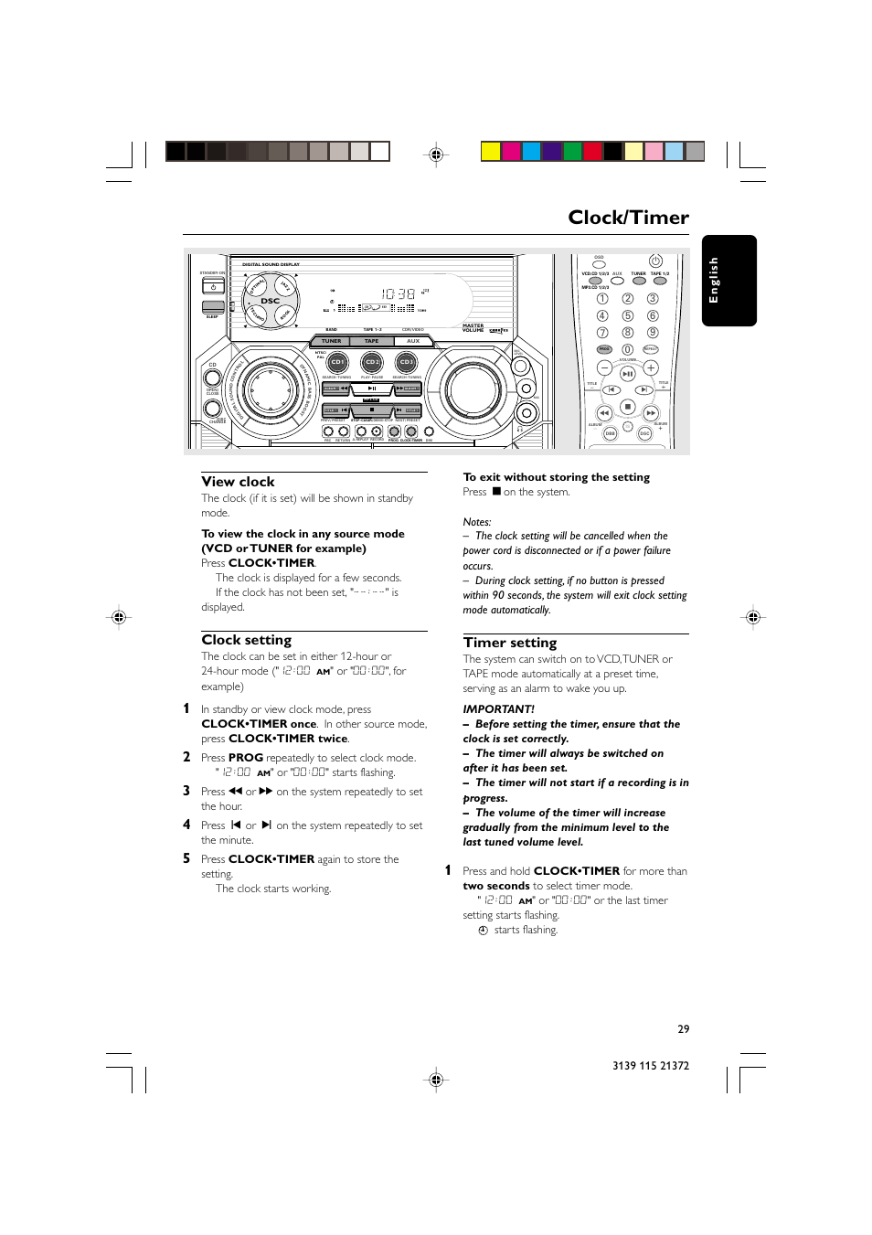 Clock/timer, View clock, Clock setting | Timer setting, Or " 00:00", for example), Or " 00:00" starts flashing | Philips FW-V355 User Manual | Page 29 / 34