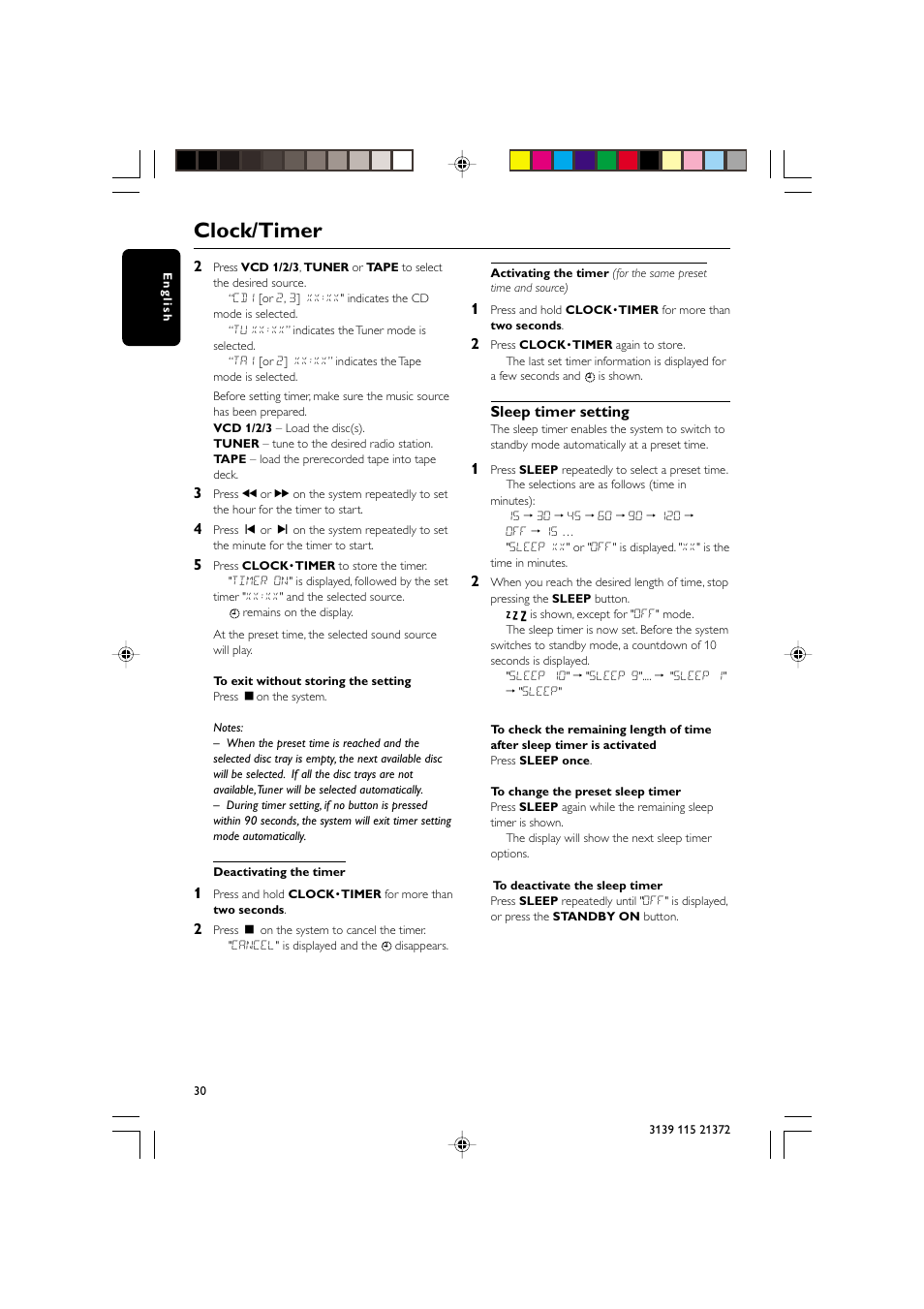 Clock/timer, Sleep timer setting | Philips FW-V355 User Manual | Page 30 / 34