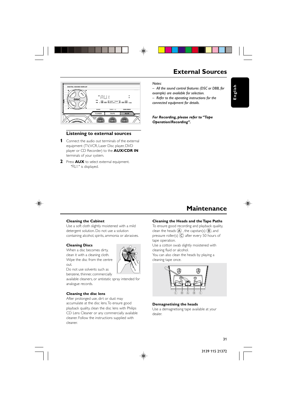 External sources, Maintenance, Listening to external sources 1 | Philips FW-V355 User Manual | Page 31 / 34