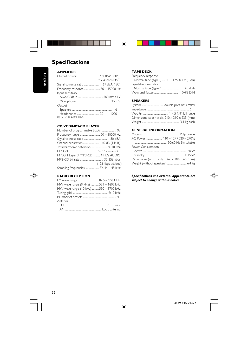 Specifications | Philips FW-V355 User Manual | Page 32 / 34