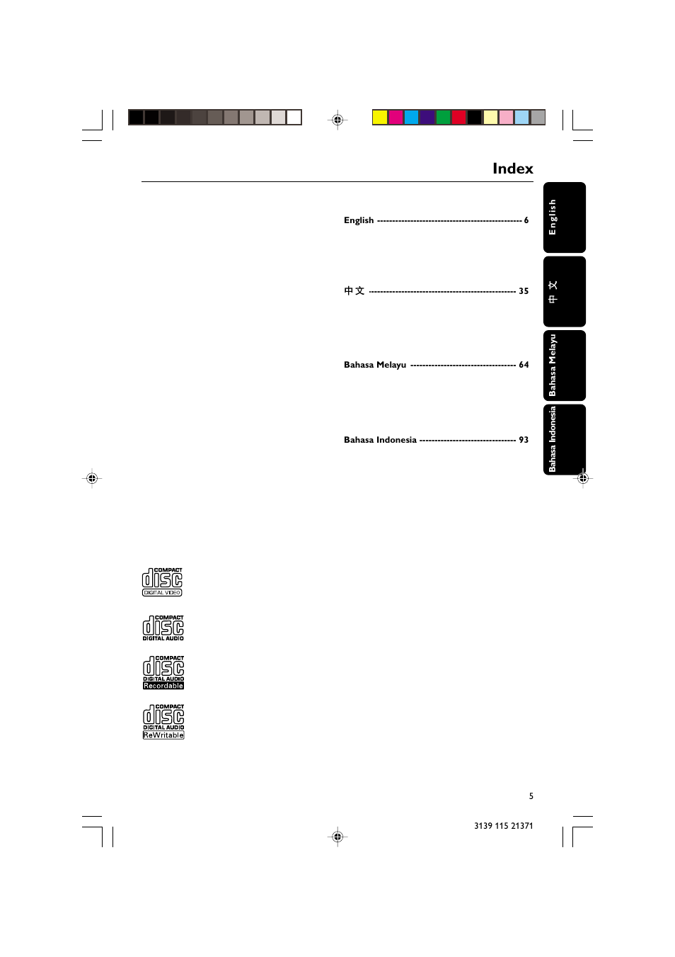 Index | Philips FW-V355 User Manual | Page 5 / 34