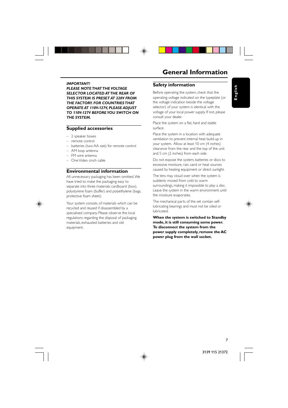 General information, Supplied accessories, Environmental information | Safety information | Philips FW-V355 User Manual | Page 7 / 34