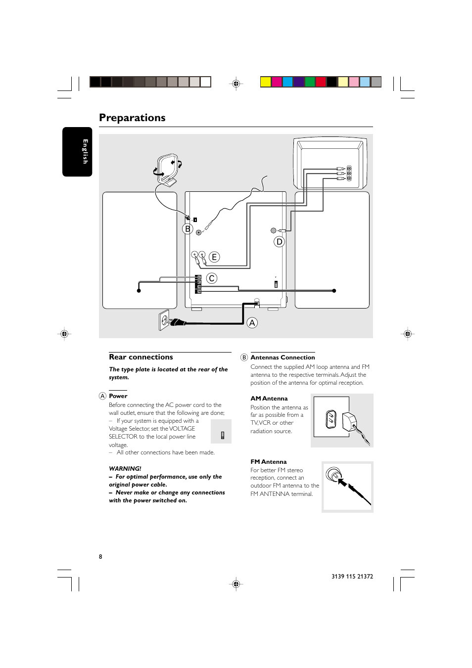 Preparations, Speaker (right) speaker (left), Rear connections | Fm wire antenna am loop antenna, Ac power cord | Philips FW-V355 User Manual | Page 8 / 34