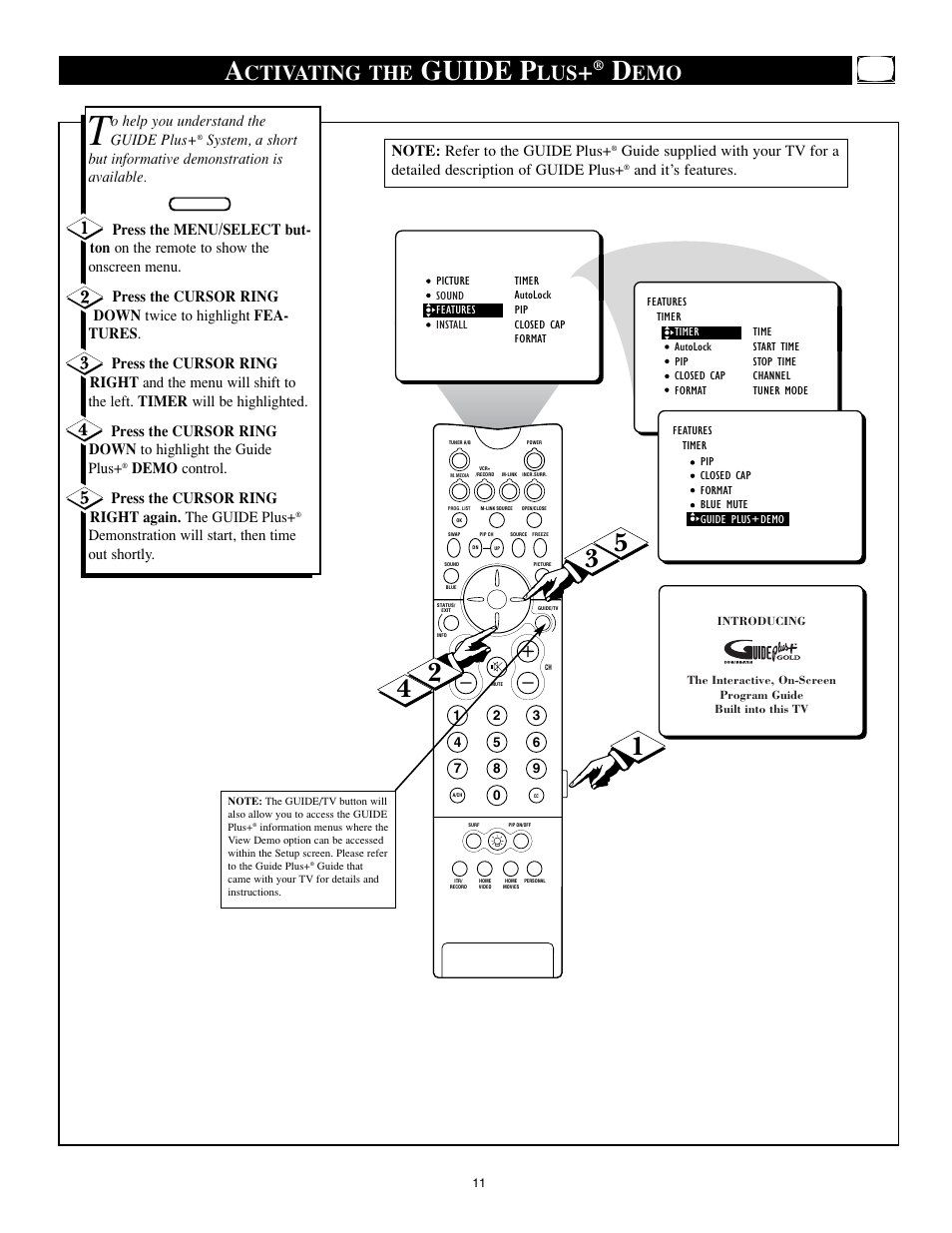 Guide p, Ctivating the, O help you understand the guide plus | Demonstration will start, then time out shortly, And it’s features | Philips 32PT91S1 User Manual | Page 11 / 55