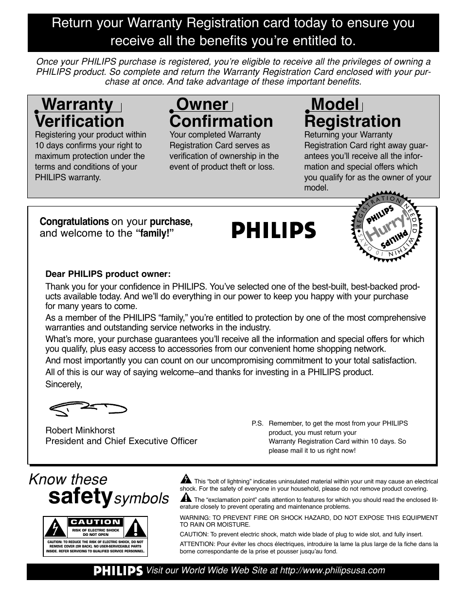 Safety, Warranty verification, Owner confirmation | Model registration, Hurry, Know these, Symbols | Philips 32PT91S1 User Manual | Page 2 / 55