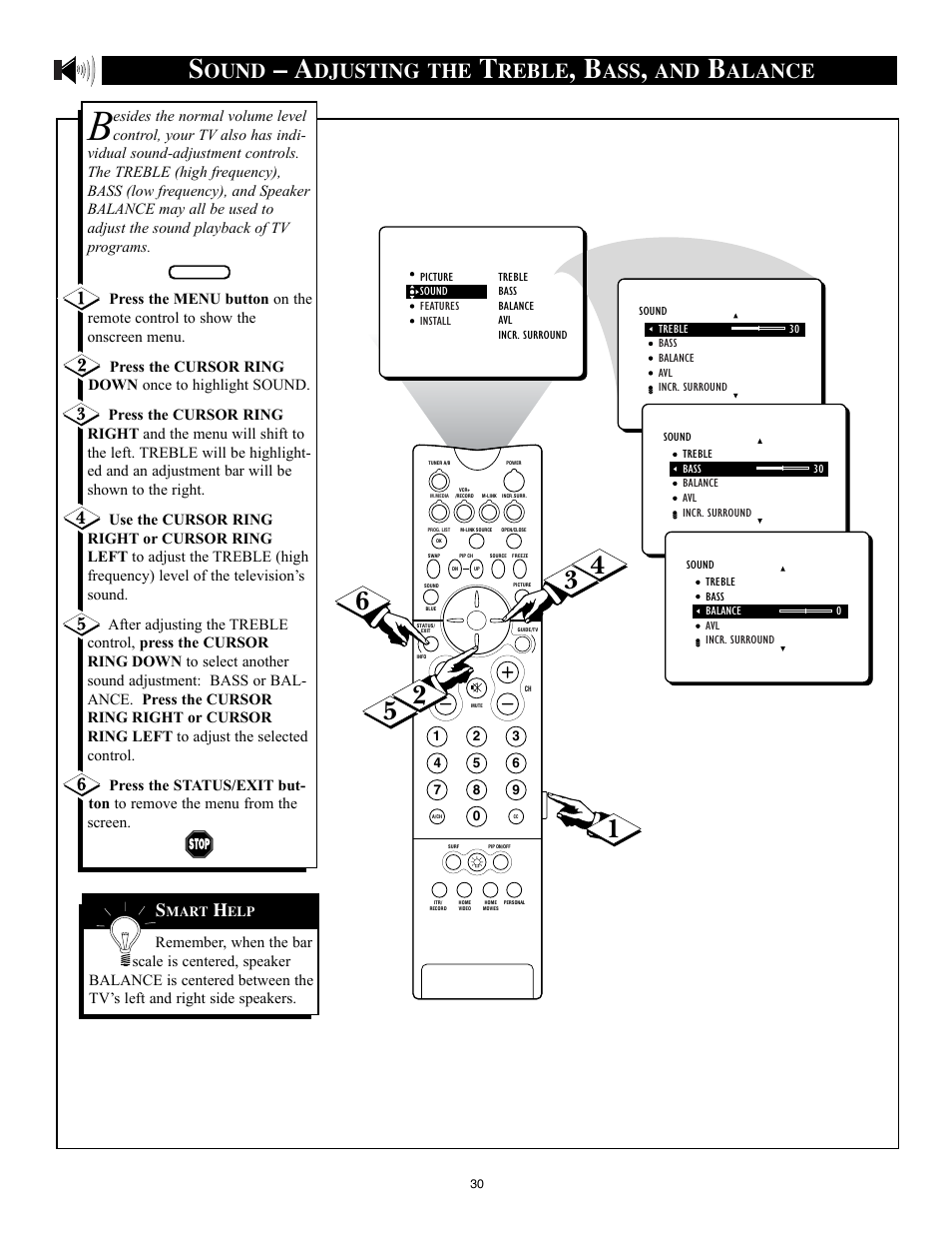 Ound, Djusting the, Reble | Alance | Philips 32PT91S1 User Manual | Page 30 / 55